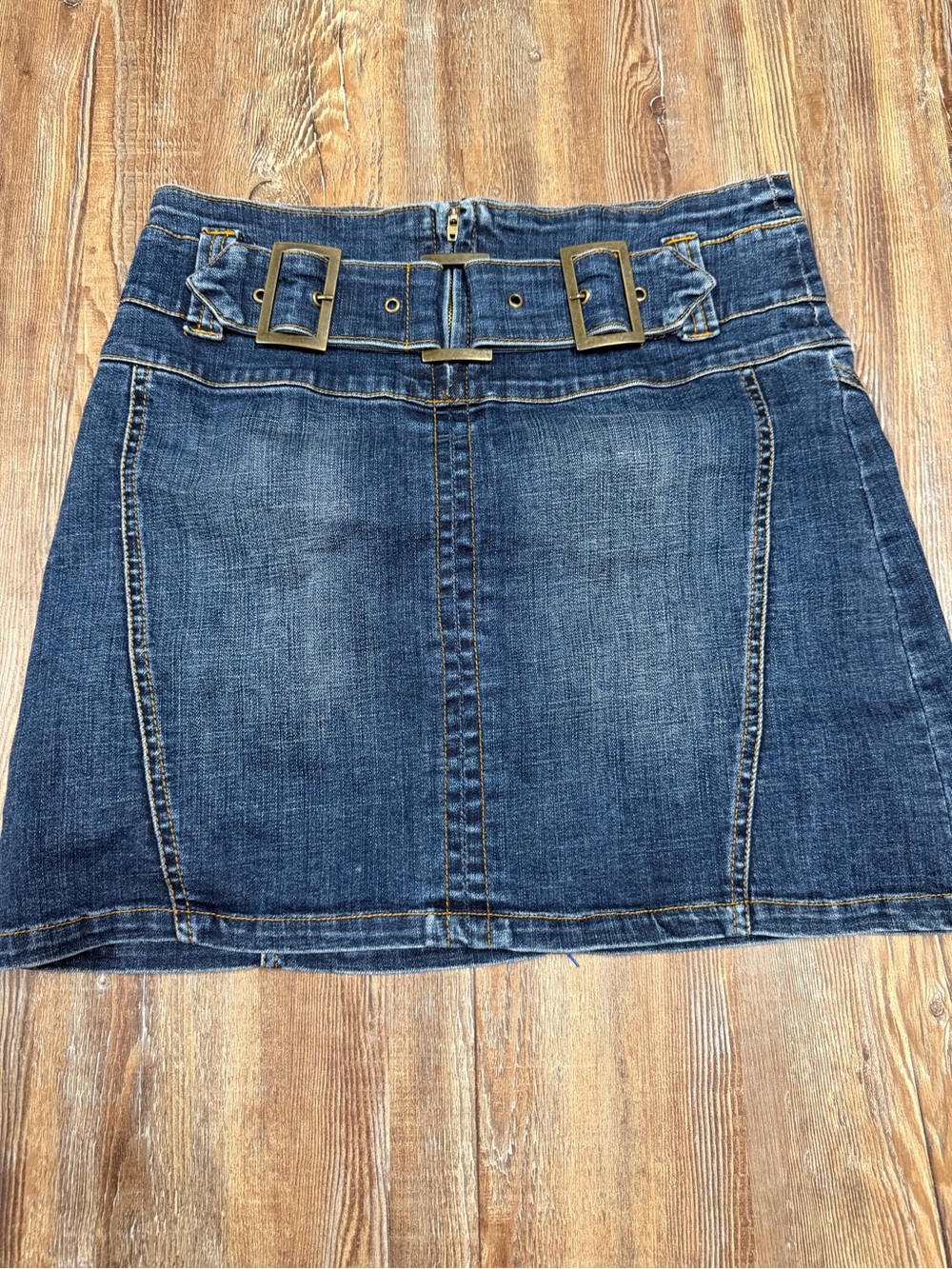 Vintage Cache navy blue denim mini skirt with belt, size 2